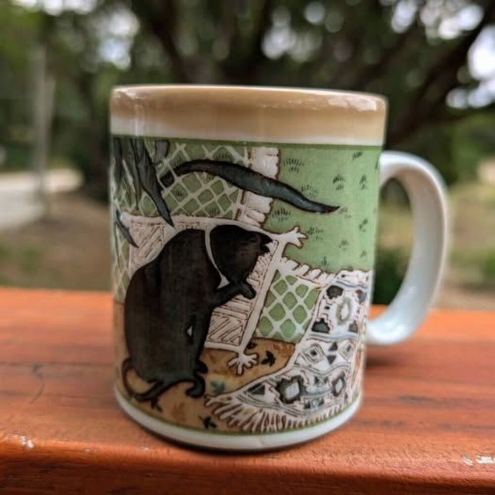 Vintage black Cat  ceramic coffee tea cup mug texturized